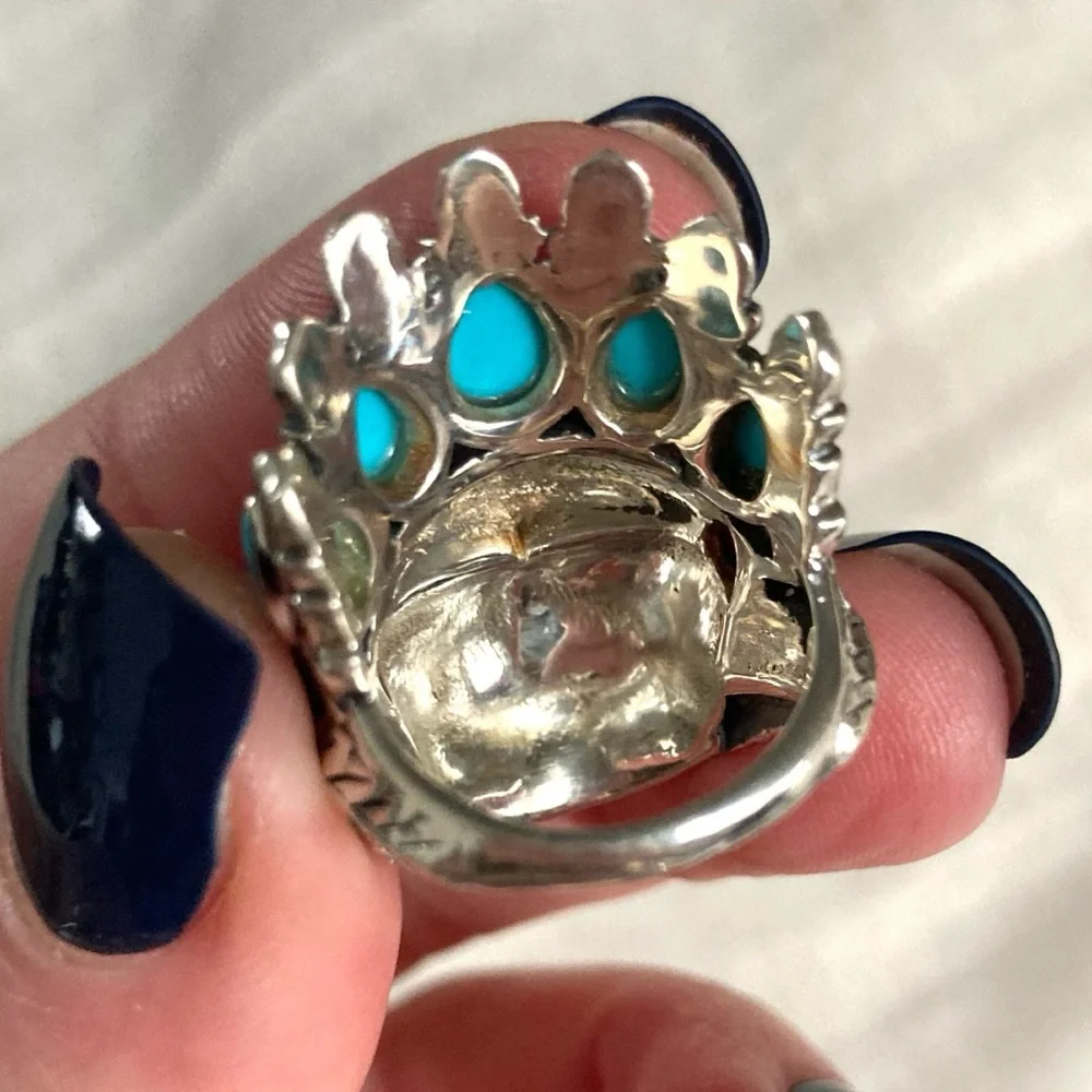 925 Sleeping Beauty Turquoise & Coral Ring Chief w/ Headdress Sterling Silver - Picture 5 of 10